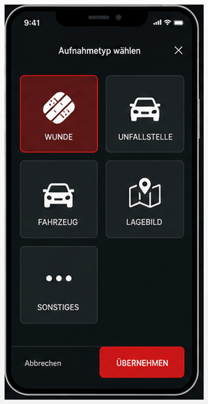 Auswahl der Aufnahmekategorie: Wunde, Unfallstelle, Fahrzeug, Lagebild oder Sonstiges